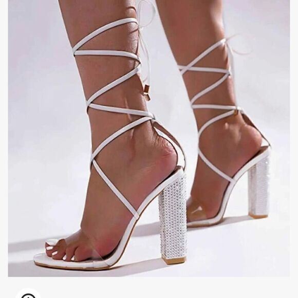 Rhinestones Block Heel Lace Up Ankle Wrap Sandals - Picture 1 of 16